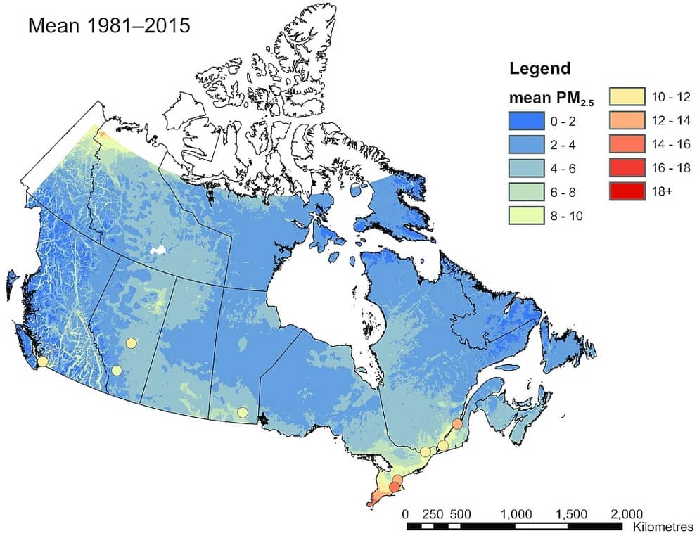 Map figure from the study in Canada by Brauer and colleagues