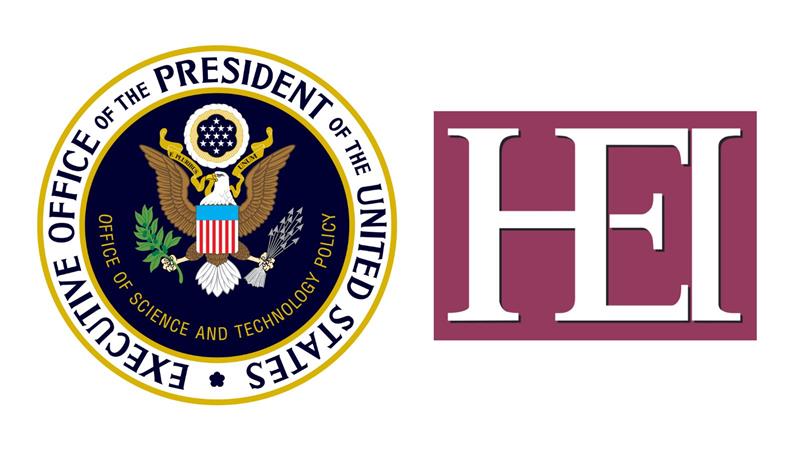 White house and red HEI logo side by side.