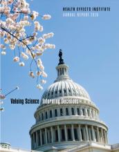 Report cover for the Health Effects Institute Annual Report 2020. Valuing science. Informing Decisions. Text overlays a picture of the US Capitol dome set against a blue ski. Flowering cherry blossoms in the foreground.